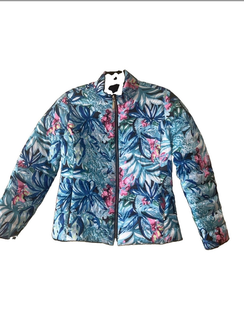 Lilly Pulitzer Blue Floral Quilted Puffer Jacket with Pink Highlights